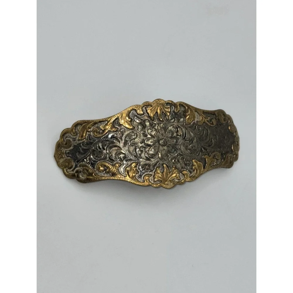 Vintage Ornate Repoussé Floral Silver & Gold Barette‎